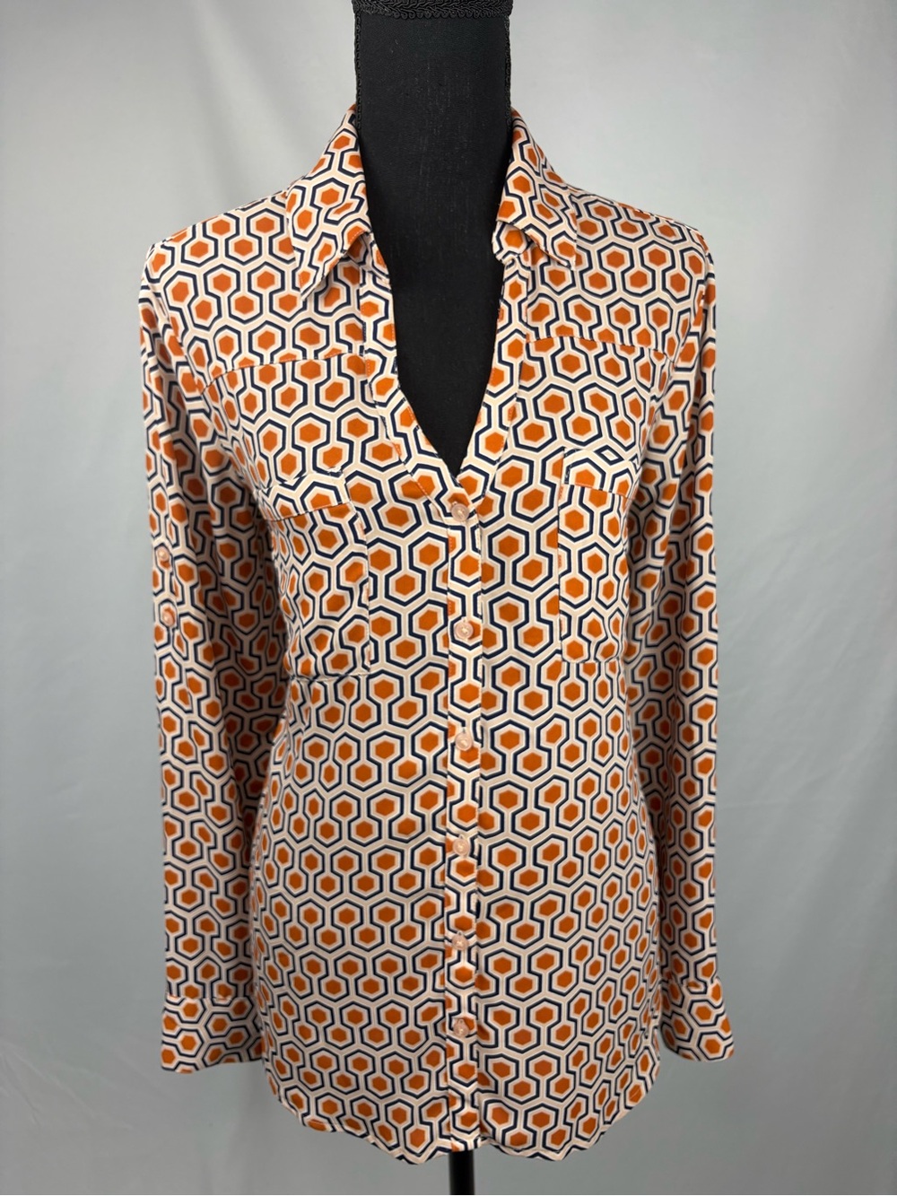 Blouse Shirt Button-Down Geometric Orange Large Express Portofino Shirt Slim fit